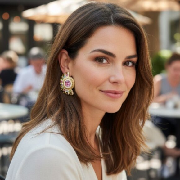 CRAFT 1980's Oversized Vintage Pastel Crystal Enamel Fan Earrings - Picture 2 of 7